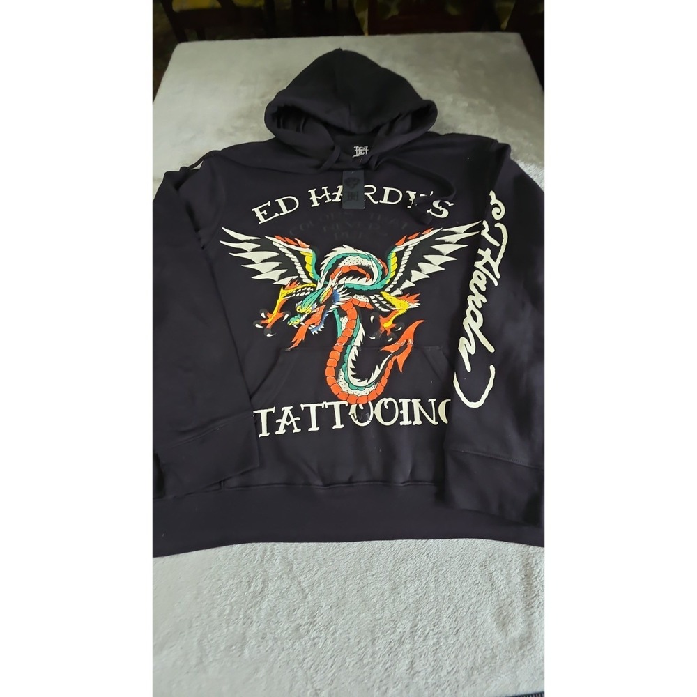 Ed Hardy Men's Hoodie Pullover Dragon Tattoo Black Cotton Blend Size LARGE